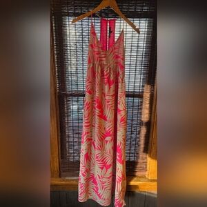 Sugarplum Palm Spring Print Maxi Dress By Gibson XS, Pink, Gray
